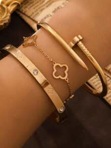 1 Set Stainless Steel European & American Fashion Minimalist Versatile Elegant Creative Hollow Flower Bracelet 3-Piece Set, Suitable As Gift For Women, Everyday Wear