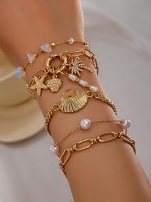 4 件套珊瑚贝壳海星手链套装，适合女士，夏季海滩手链度假风格珠宝链式手链 - A11684 - 查看 10