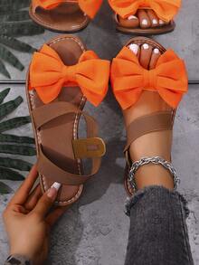 Women's Bow-Knot Crisscross Strap Flat Sandals, Orange Outdoor Summer Travel Shoes - Orange - View 5