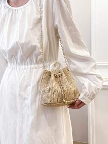 New Straw Shoulder Bag, Fashion Metal Chain Straw Crossbody Bag, Stylish Lightweight Mini Messenger Bag For Women With Metal Lock Accent