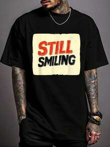 100% Cotton Keep Shining With A Still Smiling Statement T-Shirt Print T-Shirt Casual Crew Neck Short Sleeve Comfort Tee Top For Spring & Summer Men's Clothing - 黑色 - 查看 1
