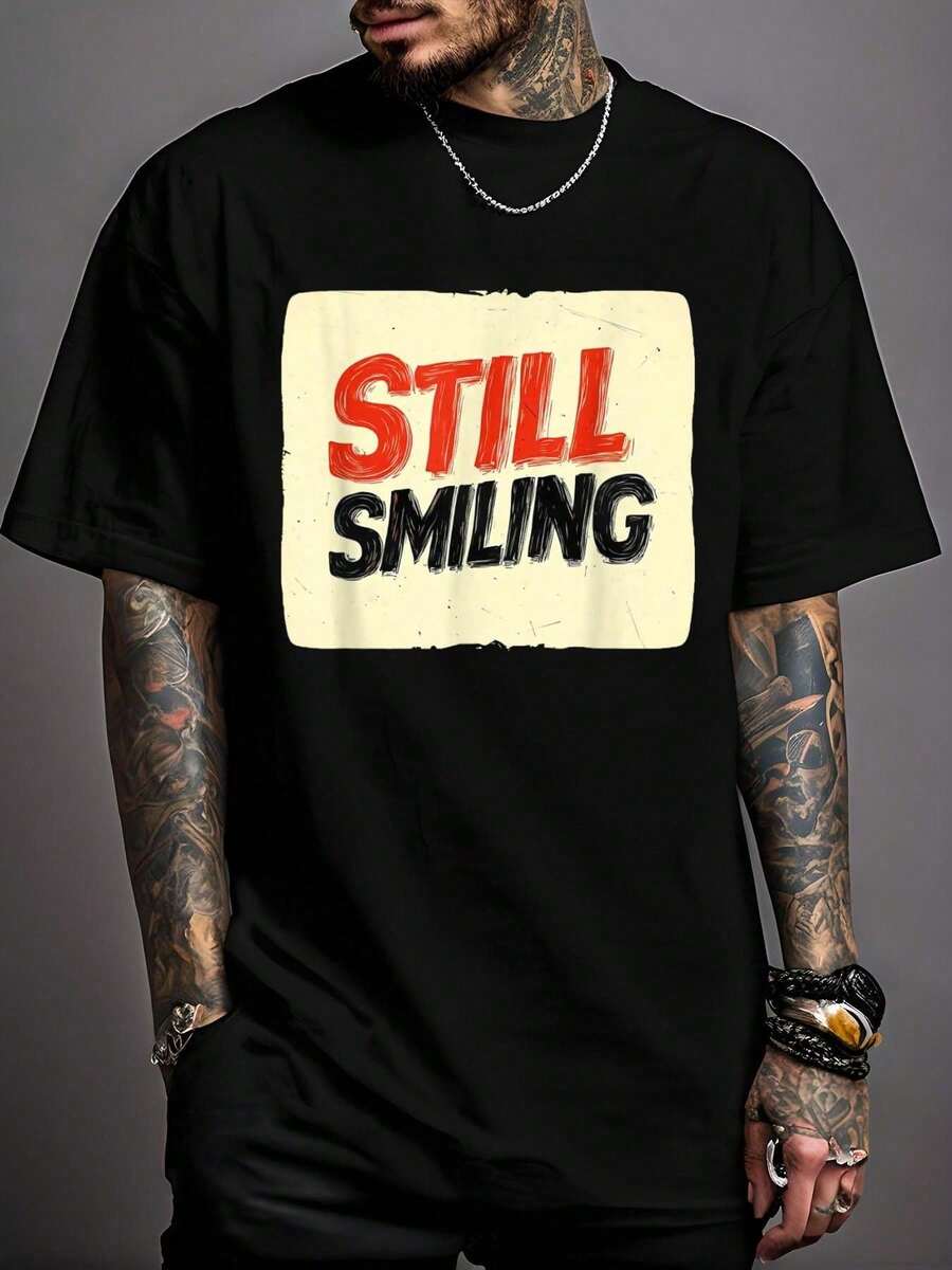 100% Cotton Keep Shining With A Still Smiling Statement T-Shirt Print T-Shirt Casual Crew Neck Short Sleeve Comfort Tee Top For Spring & Summer Men's Clothing - 黑色 - 查看 1