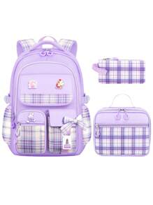 3-Piece Set: Bowknot Girl Backpack, Lunch Box Bag, Pencil Case, Polyester Plaid Pattern, Multi-Pocket, Large Capacity, Student School Backpack With 3 Detachable Badges, Back To School Essentials, Suitable For School And Travel