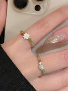 2 Pares de Anéis Elásticos com Contas de Pedra Natural e Flor de Margarida, Adequados para Uso Diário, Férias e Presentes para Mulheres