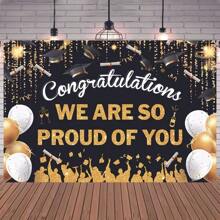 TYFYO 1pc Graduation Photography Background, Black Graduation Cap And Golden Balloon Graduation Congrats Party Banner Background