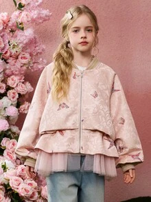 ASK JUNIOR 女童粉色可爱网眼拼布连衣裙，背面饰有水钻蝴蝶结，配有开衫 - 粉色 - 查看 8