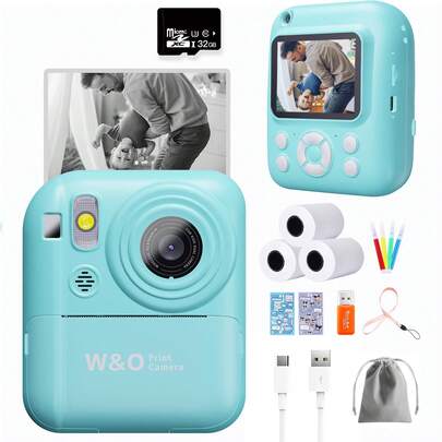 W&O 2025 Cámara Digital Instantánea con Pantalla FHD 1080P - Incluye 3 Rollos de Papel, Tarjeta TF 32GB y Lector - Juegos de Rompecabezas, Diseño Compacto 2.4 Pulgadas - Regalo para Halloween, Navidad y Acción de Gracias