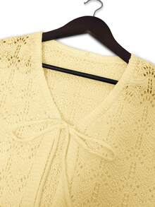 女士沙滩罩衫 - 镂空针织上衣，配蝴蝶结，V领宽松落肩设计，钩针编织比基尼短款上衣，系带喇叭袖针织披肩，大码女童荷叶边针织罩衫，春夏秋季 - 黃色 - 查看 7