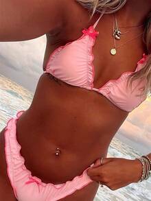 Alyweatry Women Y2K Bikinis Sets Coquette Aesthetic Bows Halter Tie Up Bikini Top High Cut Elastic Waist Bikini Bottom - 粉色 - 查看 7