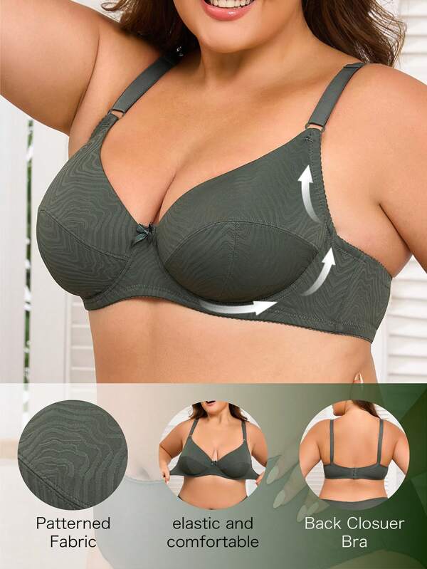 Plus Size Underwire Bra - Nylon Jacquard Lifting Full Coverage Bra With Side Support & Adjustable Straps (3-Row Back Hook, High Elastic Band)