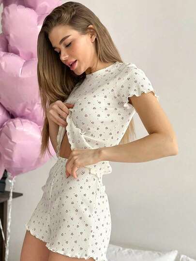 Women's Leopard Print Ribbed Short Sleeve Top And Shorts 2pc Pajama Set, Casual Minimalist Crew Neck Home Wear, Summer