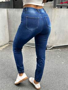 Women High-Waisted Casual Single-Breasted Slim-Fit Jeans Side Pocket Zippers Trim Denim Cuffed Pants Dark Blue - 深色水洗藍 - 查看 3