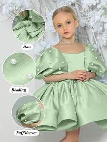 Young Girl Pearls Puff Sleeve Bowknot Mint Green Party Dress, Elegant Princess Dress Suitable For Girls Birthday Party, Christmas Party, Wedding, Flower Girl, Holiday Celebration - Mint Green - View 7