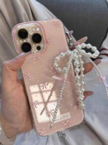Cute Wave Point Pink Bow Pearl Pendant Phone Case Compatible With IPhone 16 15 14 13 12 11 Pro Max Jelly Cases Creative Shockproof Bumper Cover