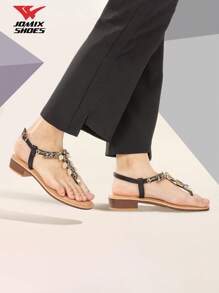 JOMIX Sandali estivi da donna, scarpe aperte da donna, sandali gioiello donna, ciabatte mare donna, sandali con tacco basso, design con pietre preziose, lucidi, con chiusura regolabile, eleganti scarpe da donna per l'estate