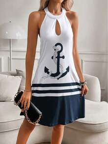 Women Nautical Anchor Print Halter Neck Sleeveless Casual Summer Beach Dress, Navy & White Striped - White - View 1
