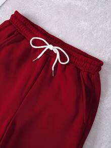 Hoodie Two-Piece Fashion Warm Plus Fleece Round Neck Sweatshirt + Sports Sweatpants Simple Letter Print Suitable For Autumn And Winter Running Exercise Leisure Home Comfort Set - Burgundy - View 4