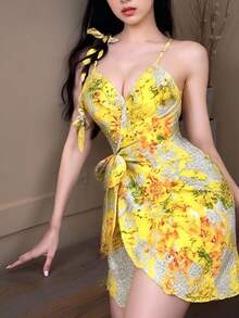 1 pieza Elegante vestido ajustado con estampado floral amarillo sexy, disfraz de Halloween/Navidad para el escenario