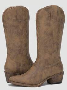 GLOBALWIN Women's Mid Calf Western Cowboy Boots Cowgirl Boots For Women With Floral Embroidery Side Zipper Chunky Heel Fall Boots Halloween Season - 米色 - 查看 1