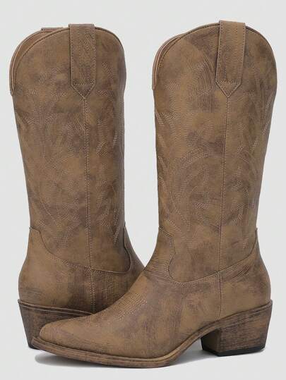 GLOBALWIN Women's Mid Calf Western Cowboy Boots Cowgirl Boots For Women With Floral Embroidery Side Zipper Chunky Heel Fall Boots Halloween Season