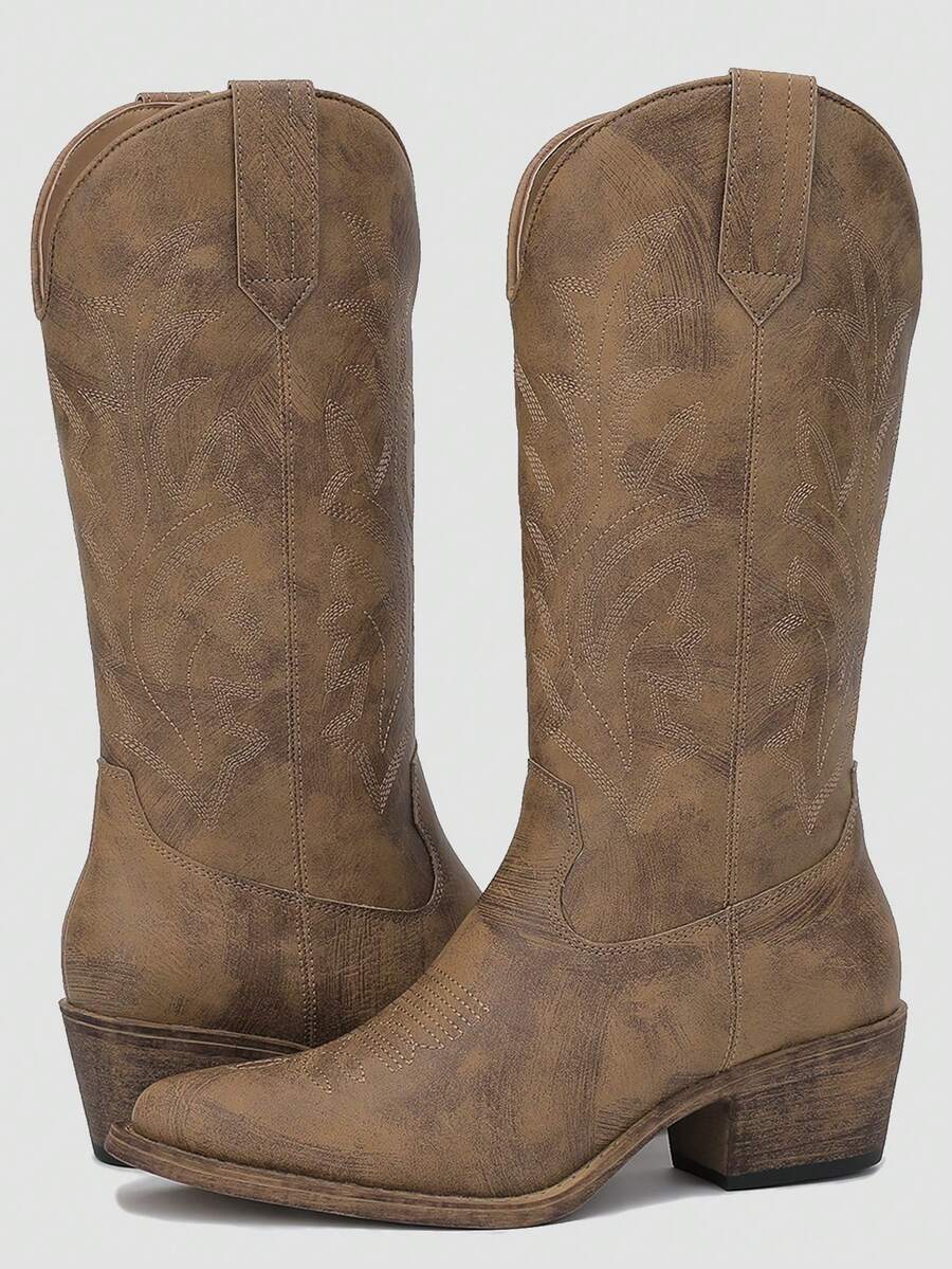 GLOBALWIN Women's Mid Calf Western Cowboy Boots Cowgirl Boots For Women With Floral Embroidery Side Zipper Chunky Heel Fall Boots Halloween Season - 米色 - 查看 1