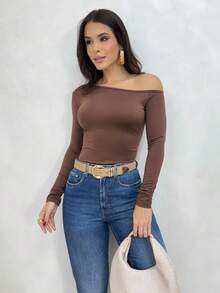 Women's Minimalist Asymmetric Shoulder Long Sleeve Fitted T-Shirt Top, Daily Use, Fall/Winter Festa Junina Festa São João - 鏽棕色 - 查看 5