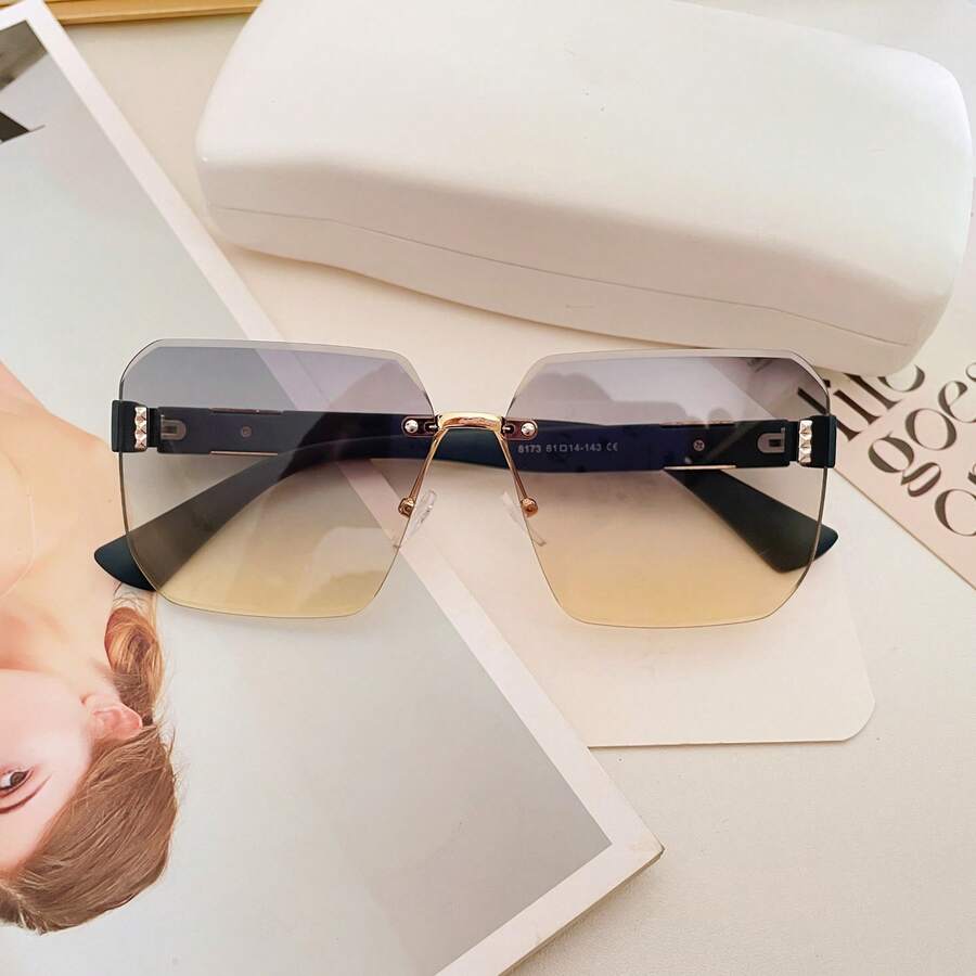 大框黑色圆脸时尚眼镜，女士优雅高档方形亮片时尚眼镜，2025新款，配黑色眼镜盒 - 8173黃綠 - 查看 1