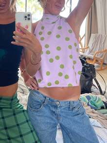 Women Y2K Halter Mock Neck Tops Dot/Floral/Tie-Dye Graphic Sleeveless Backless Crop Tank Tops Sexy Open Back Off The Shoulder Vests Shirts Summer Going Out Tops Club Party Streetwear - 粉色 - 查看 6