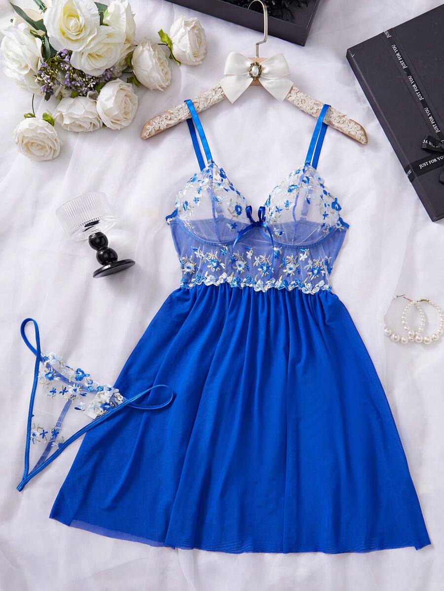 Women Solid Color Mesh & Contrast Lace Sheer Sexy Nightgown, Rave - Royal Blue - View 1
