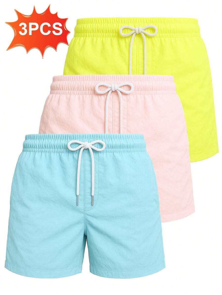 3 PCS Pantalones cortos de playa casuales de estilo hawaiano para hombre, color sólido, de secado rápido, cintura con cordón, elección perfecta para salidas de verano. - Multicolor - Ver 1