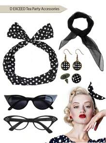 D EXCEED 6PCS Vintage 1950s Women's Accessory Collection | Retro-Inspired Prop Cat-Eye Glasses, Scarf Collar Headbands & Silk Hair Scarves With Polka Dot Stud Earrings - Perfect For Vintage-Themed Parties & Events