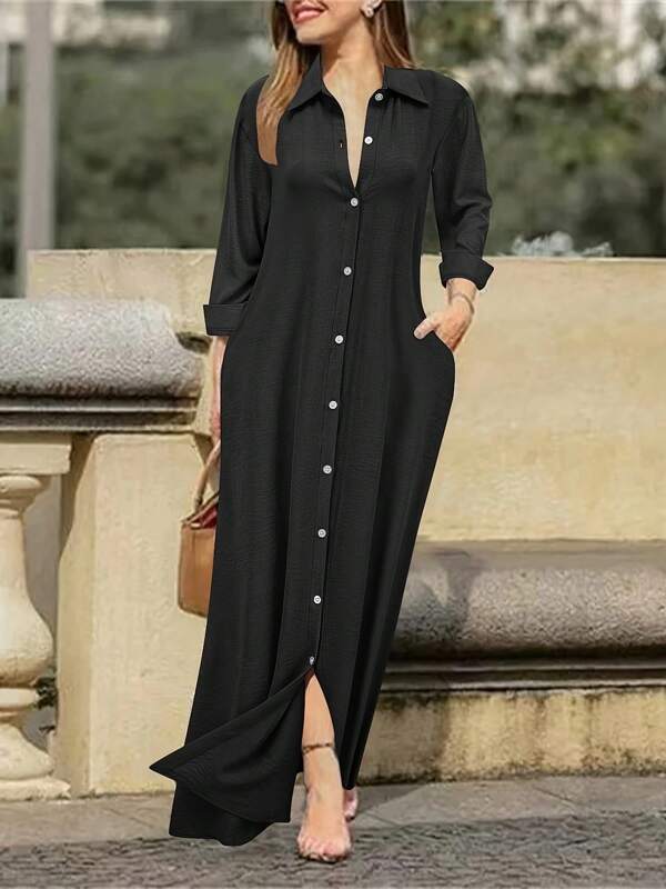 Women's Loose Solid Color Casual Long Shirt Dress