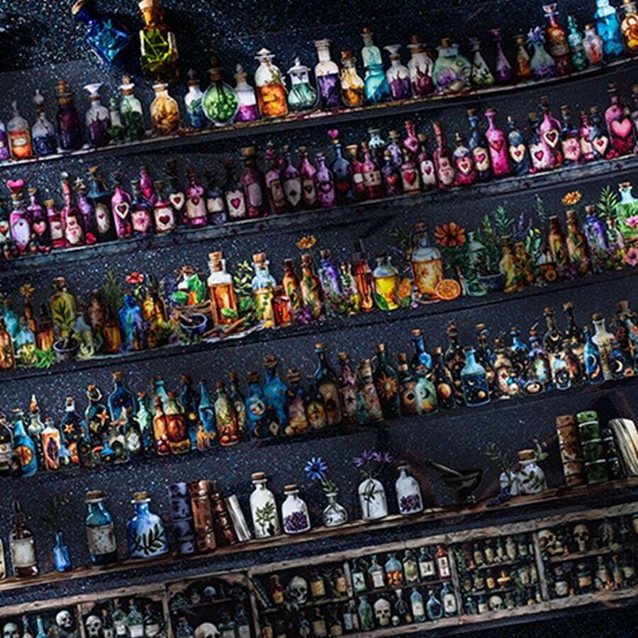 1 Rolle Klebeband, Hexen Potion Flasche Serie, Retro Dunkle Magie Thema PET Klebeband, Sammelalbum Bedarf, Notizbuch Zubehör, dekoratives Notizbuch, Fotorahmen, Handyhülle, Wasserglas, Zeitschriftenhalter, Stationery Box, personalisierte DIY Aufkleber Schulmaterial, Schulanfang - Verschiedenfarbig - Übersicht 1