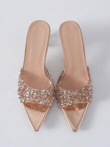 Women's Fashionable Crystal Chunky Heeled Mules Sandals, Easy-Matching, Open-Toed, Charming And Shiny, Perfect For Parties. Classic And Luxurious Champagne Color Valentines Winter Gifts - Champagne - View 4