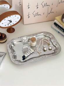 1 pieza Bandeja de joyería rectangular plateada en vintage/Bandeja de acero inoxidable para alimentos: Ideal para almacenar joyas, cosméticos - Adecuado para la organización del escritorio - Plateado - Ver 12
