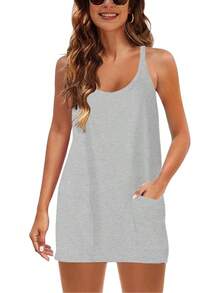 Women's Summer Sleeveless Mini Dress With Built-In Shorts - 淺灰色 - 查看 9
