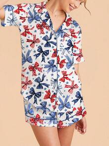 Women 4th Of July Pajama Set American Flag Short Sleeve Button-Up Tops Elastic Waist Shorts 2 Piece Sleepwear Outfit - 藍色 - 查看 8