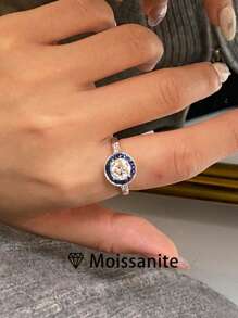 1pc Women's Quality Solitaire Ring, Pave Diamond Embedded Promise Engagement Ring, 925 Sterling Silver 2ct Round Moissanite, Blue Round Packaging, Elegant Jewelry, Wedding Proposal Anniversary Gift, Incl. Moissanite Certificate & Delicate Gift Box