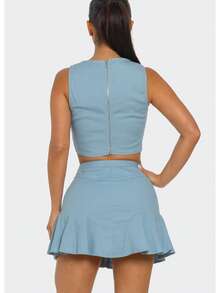 Popstar Eyelet Detail Skirt Set  Plain    Casual    Button  Zipper  Pocket    Beach  Night Out - 藍色 - 查看 6