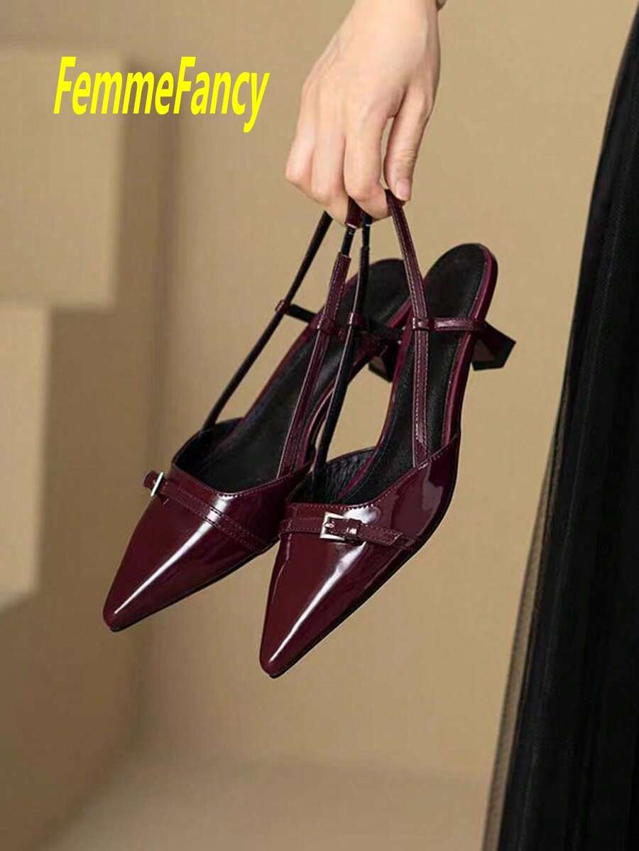 Women's Fashion Elegant New Pointed Toe Sexy Mid-Heel Shoes, Party Formal Dress Sandals, Patent Leather Glossy Design, Summer Kitten Heels, Available In Burgundy, Black, White, Red, July 4th, Blue, Elegant Heels