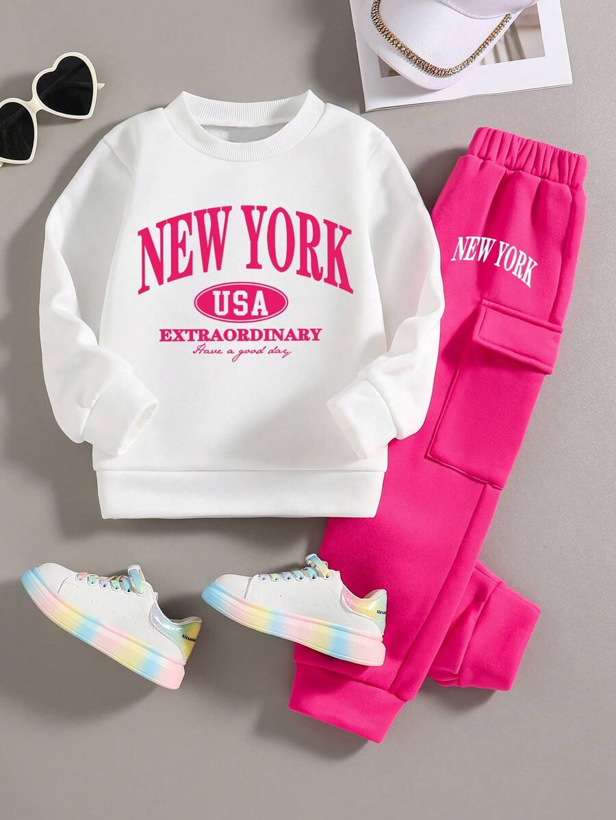 Tween Girl Letter Graphic Print Crew Neck Sweatshirt And Sweatpants Set - White - View 1