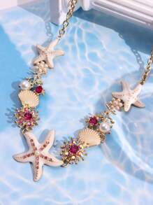 1pc Fashionable Exquisite Luxury Versatile Cute Creative Quirky Unique Shiny Bohemian Style White Starfish & Shell Necklace For Women, Suitable For Summer Beach, Party, Commute, Holiday, Vacation