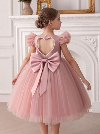 年轻女孩优雅蝴蝶结薄纱公主裙，适合花童、婚礼、派对、生日、舞会、特殊场合