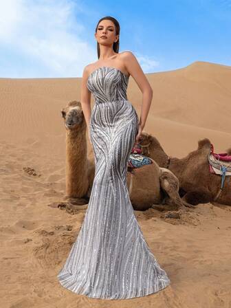 Faeriesty 露肩亮片鱼尾晚礼服，鸡心领口，可调节后背蝴蝶结开合，拖地鱼尾下摆，华丽串珠刺绣，以及适合红毯活动、正式晚宴、正式婚宴、晚宴、颁奖典礼的礼服。