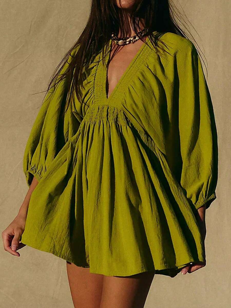 New Spring/Summer Elegant Fashion Sexy Deep V-Neck Puff Sleeve Casual Mini Dress For Women, Vacation Boho & Western & Tropical & Sun Dress