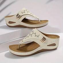 Fashionable Women's Sandals - Purple Synthetic Leather Upper Adorned With Gold Beads, Comfortable Mid - Heel Round - Toe Design, Easy - To - Put - On - And - Take - Off Style, Non - Slip Rubber Sole, Suitable For Casual And Semi - Formal Occasions, Durable Daily Slippers, Elegant And Soft Lining, A Must - Have For Stylish Women. - 米色 - 查看 2