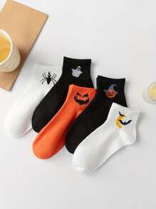5 Pairs Unisex Creative Pattern Ankle Socks, Fashion, Casual, Everyday Wear, Versatile, Suitable For Halloween Outfit