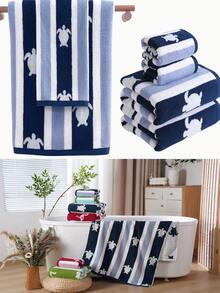 QIBHI 3/2/1件套毛圈提花海龟条纹浴巾/手巾，吸水性强，适用于浴室、酒店、健身房、旅行、礼品、沙龙、运动、户外、海滩、学校、返校季、旅行配件、家居用品 - 藏藍色條紋 - 查看 4