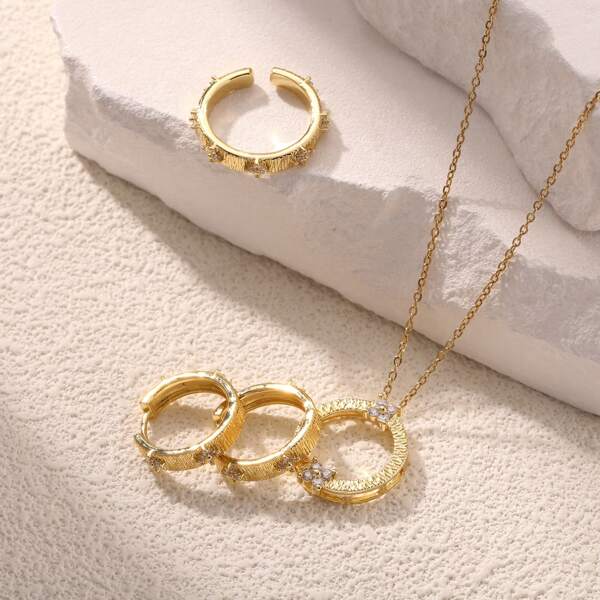 1 Set Stainless Steel 18K Plated Clover Zirconia Earrings, Ring, Necklace Jewelry Set, Lightweight Luxury Fashion Suitable For Party, Date, Office Wear