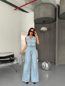 SQUALO Women's Solid Color Denim Jumpsuit Summer Outfits, Work Women Clothes, Women's Summer Wear, Summer Outfit For Work, Denim Romper - Royal Blue - View 3